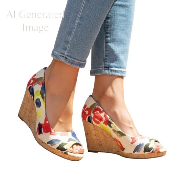 Toms STELLA Abstract Floral Canvas Peep Toe Cork Wedge Heel Slip On Shoes Size 9 - Picture 1 of 16